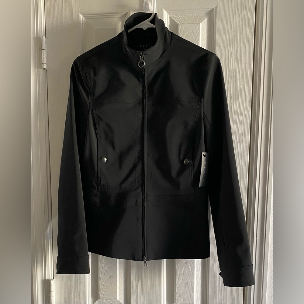 NWT Theory zip black windbreaker jacket pockets size Medium. Made in USA